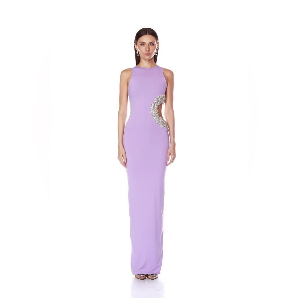 NWOT BRONX AND BANCO Camila Lilac Rhinestone Cutout Maxi Dress